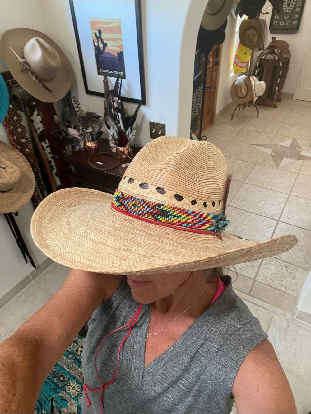 Women’s Straw Cowboy Hat with Multicolor Beaded Band, accent pins, hat clip - Picture 13 of 14